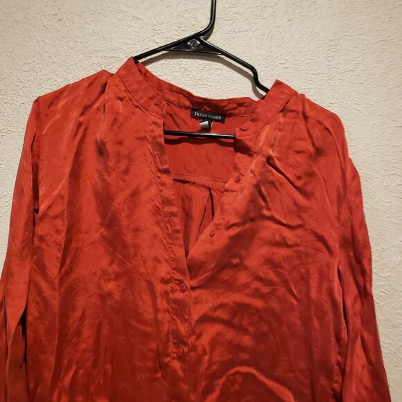 Eileen Fisher Sand Washed Cupro Mandarin Collar Tunic Shirt Sz SP Red Silky - Picture 2 of 9